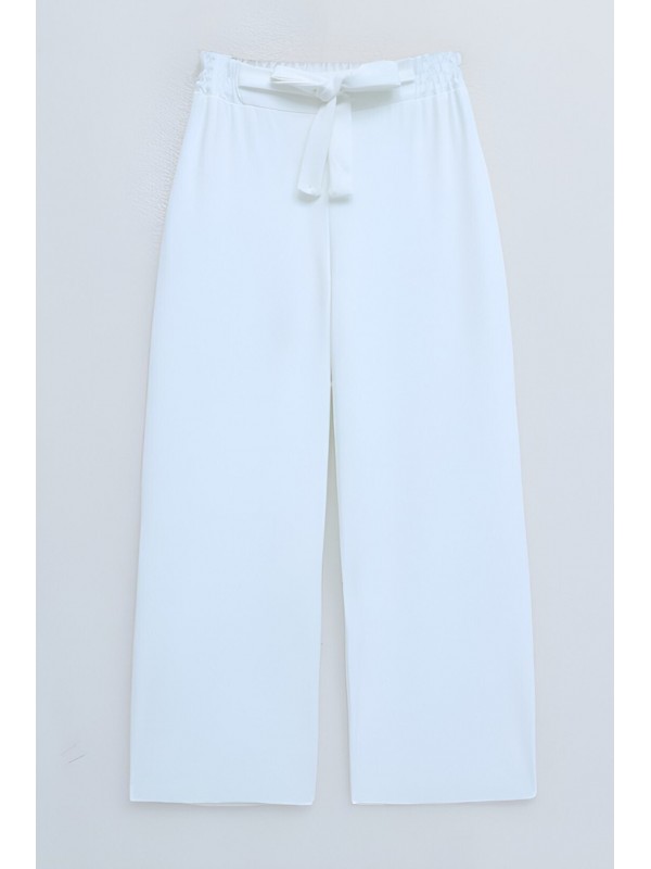 Duble Kumaş Beli Kuşaklı Bol Paça Pantolon  -Beyaz