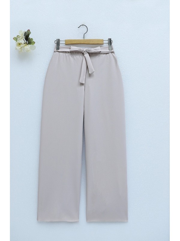 Duble Kumaş Beli Kuşaklı Bol Paça Pantolon   -Bej