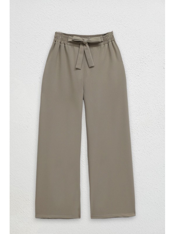 Duble Kumaş Beli Kuşaklı Bol Paça Pantolon   -Vizon