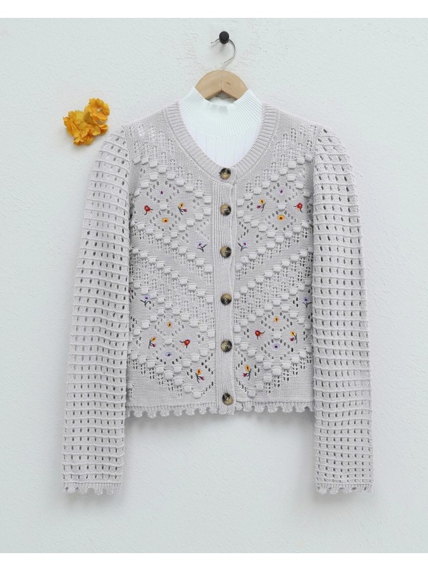 Çiçek Nakışlı Ponponlu Ajurlu Triko Hırka   -Taş