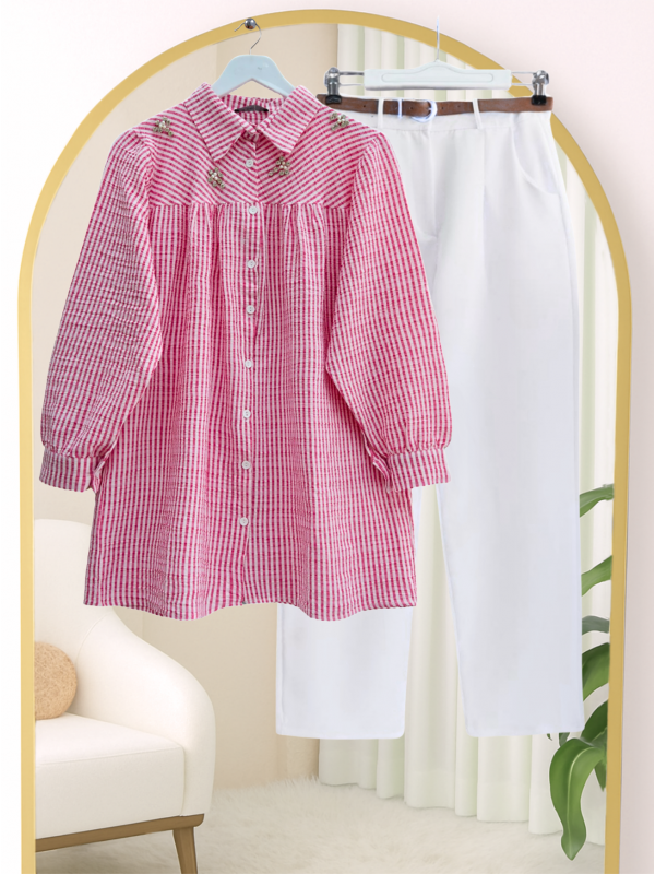 Üstü Taş Ve Boncuk Detaylı Çizgili Gömlek -Pembe