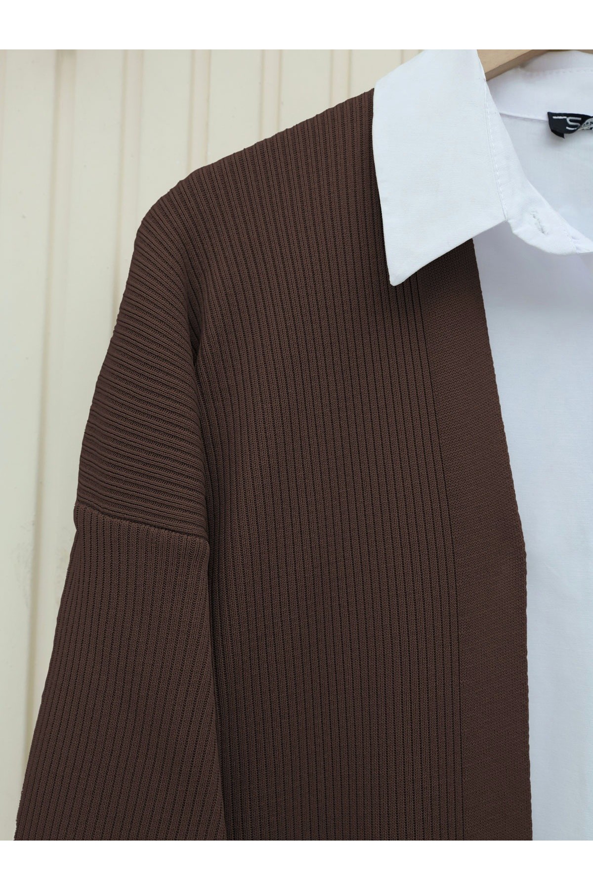 Yanları Yırtmaçlı Fitilli Uzun Triko Hırka -Kahve