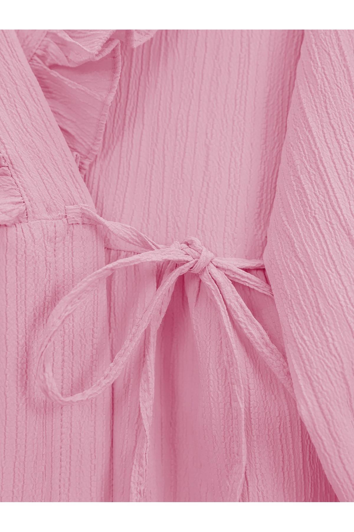 Önü Fırfırlı Bağlamalı Krinkıl Kimono   -Pembe