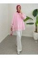 Dantel Detaylı Yakası Bağlamalı Kolu Lastikli Gömlek -Pembe