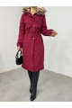 İçi Peluşlu Sabit Kapşonlu Tünel Bağcıklı Uzun Mont  -Bordo