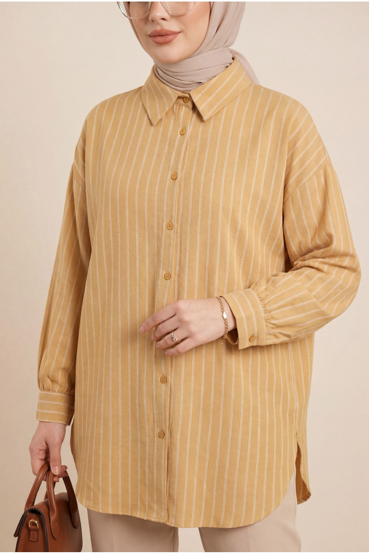 Çizgili Yırtmaçlı Salaş Linda Gömlek -Hardal
