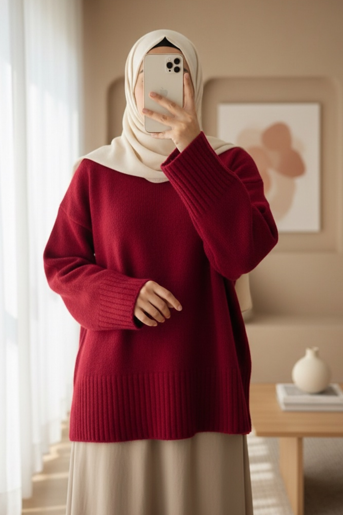 Bisiklet Yaka Eteği Fitilli Salaş Triko Kazak         -Kırmızı