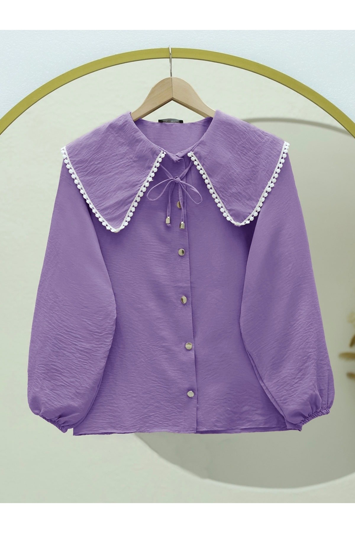 Bebe Yaka Dantelli Kolu Lastikli Gömlek -Lila