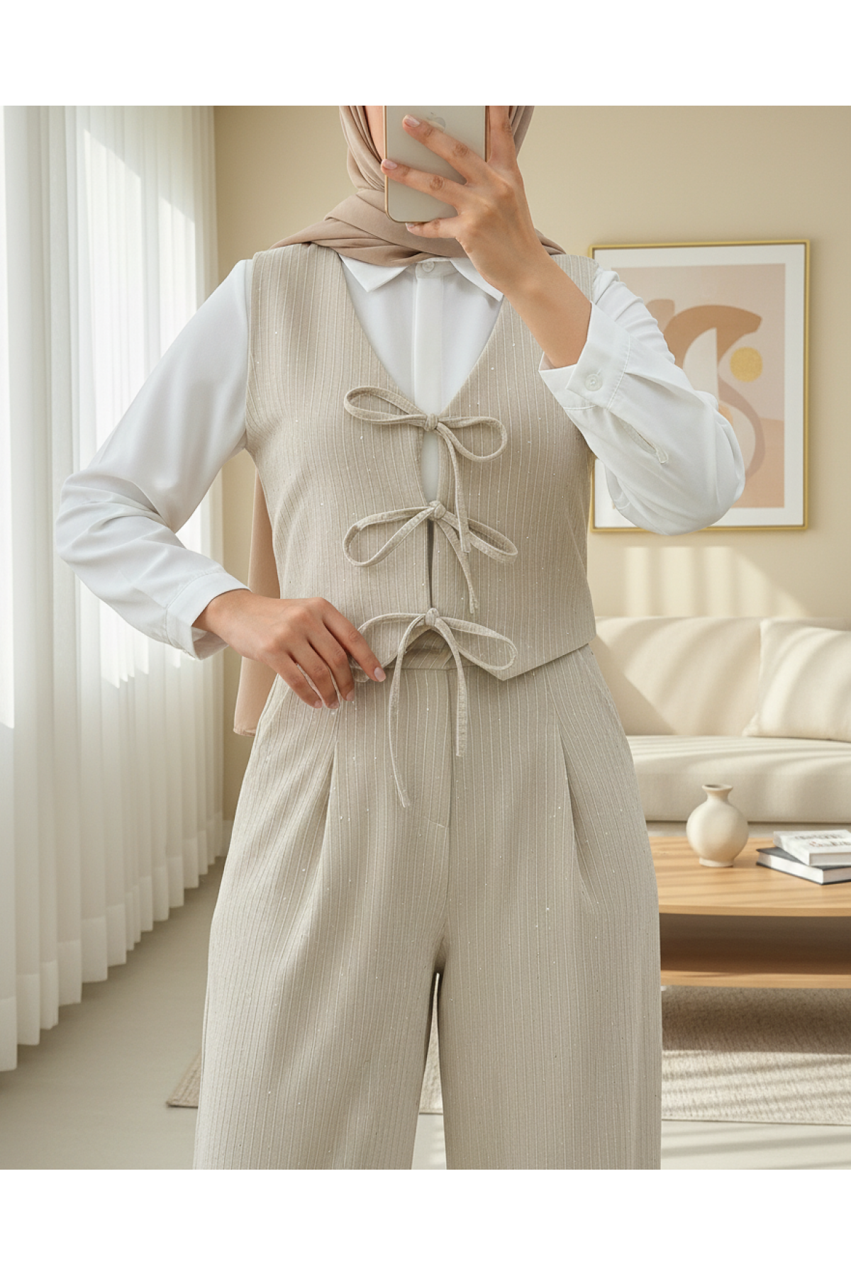 Önü Bağlamalı Yelek Pantolon Kadife Takım  -Bej