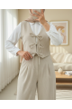 Önü Bağlamalı Yelek Pantolon Kadife Takım  -Bej