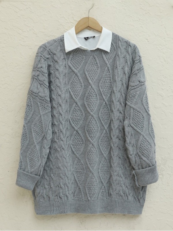 Petek Desen Kışlık Salaş Triko Kazak     -Gri