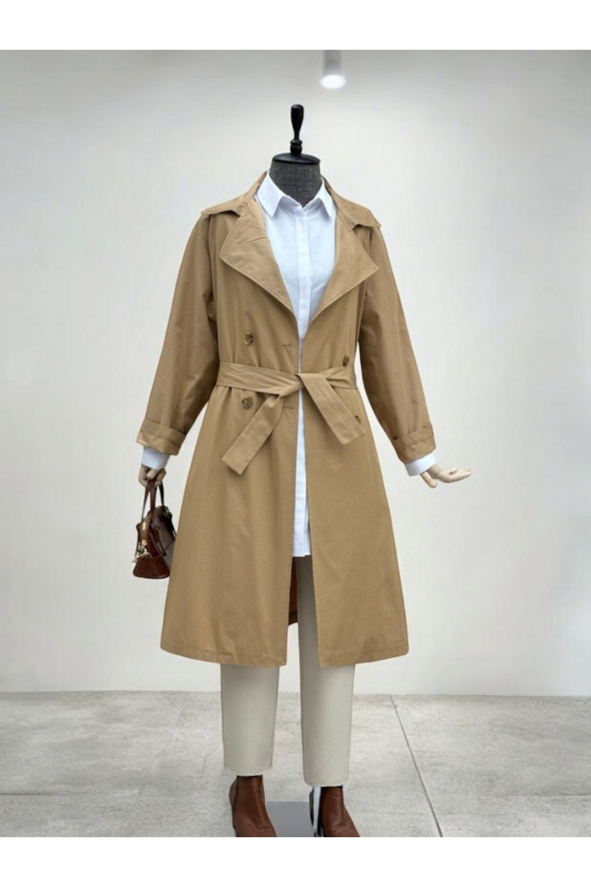 Bolero Detaylı Kemerli Araboy Trençkot -Vizon