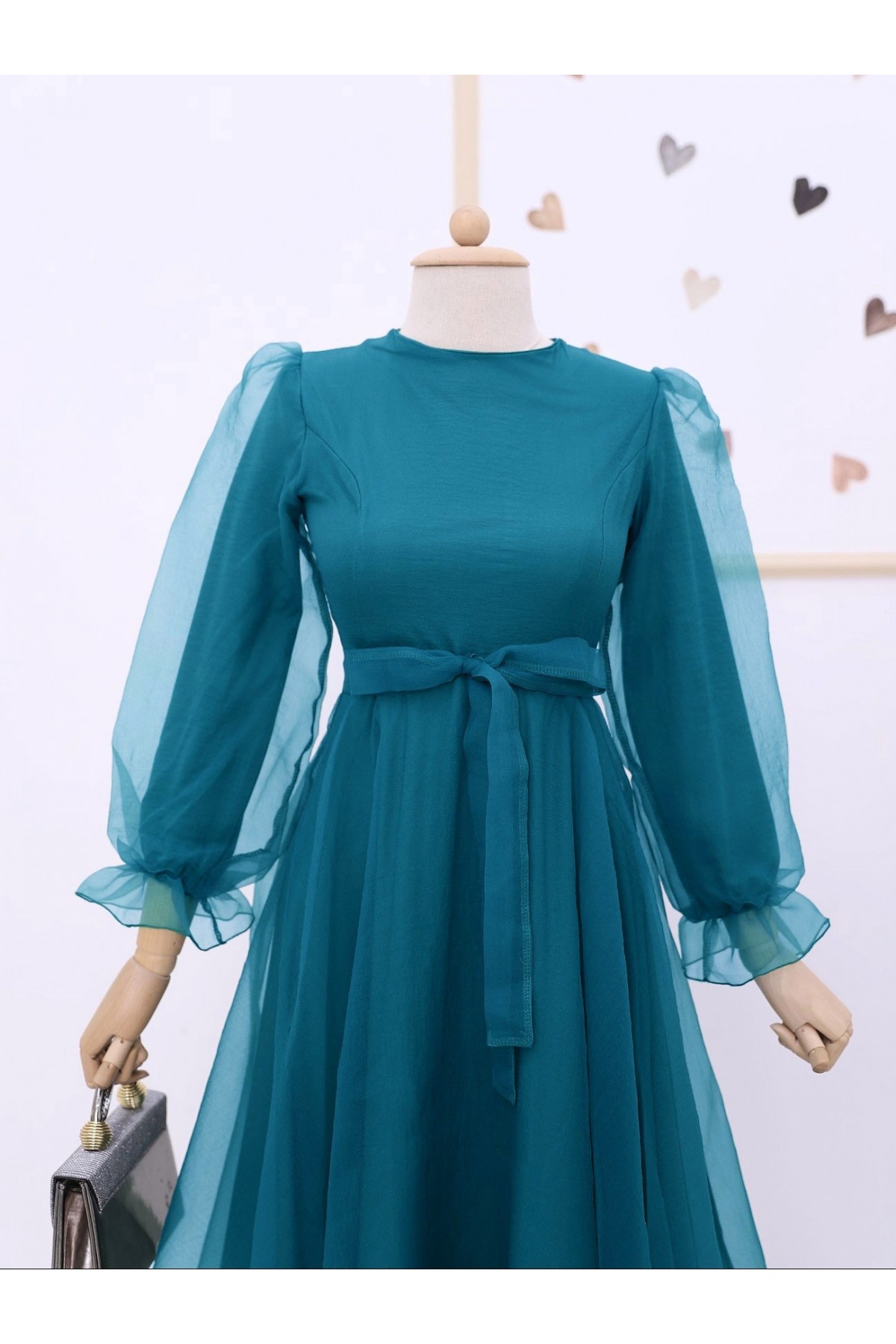 Kabarık Kol Ve Etekli Kuşaklı Tül Abiye    -Petrol