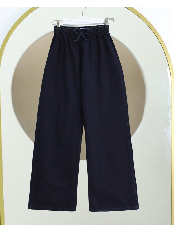 Bol Paça Beli Lastikli Bağcık Detaylı Kot Pantolon     -K.Laci