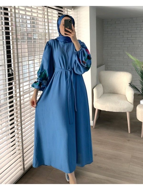 Kolları Balon Süzene İşlemeli Kemerli Elbise  -Koyu Mavi