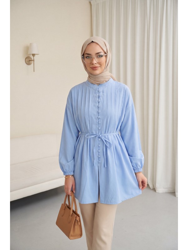 Kemerli Kolu Lastikli Önü Düğmeli Katlama Detaylı Poplin Gömlek -Mavi