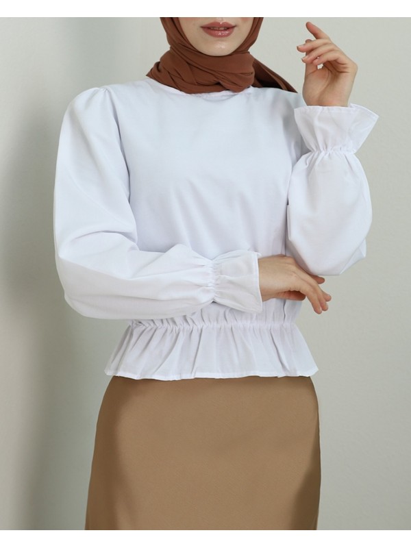 Manşeti Fırfırlı Beli Büzgülü Poplin Bluz -Beyaz