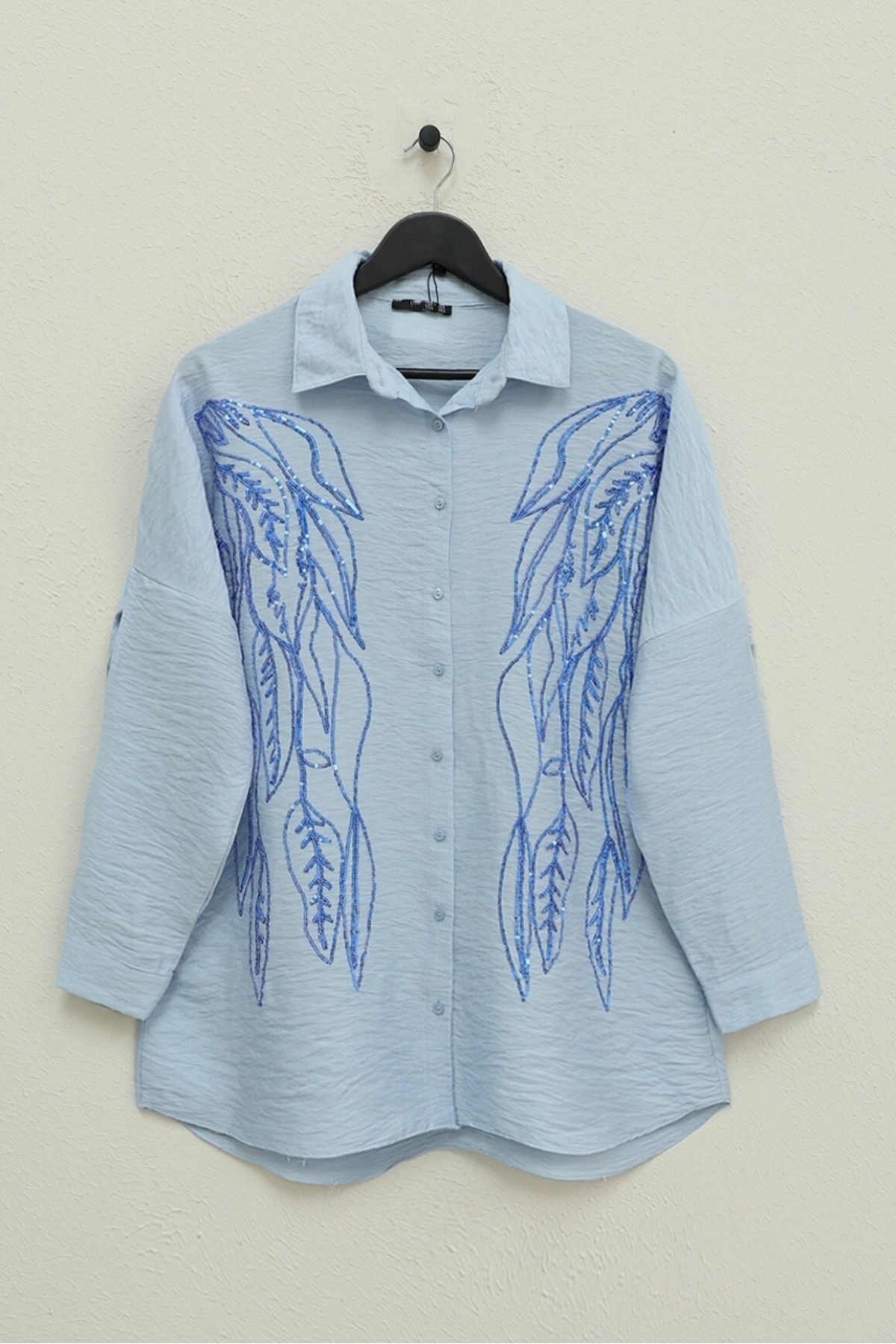 Yaprak Desen Pul Payet Gömlek -Bebe Mavi