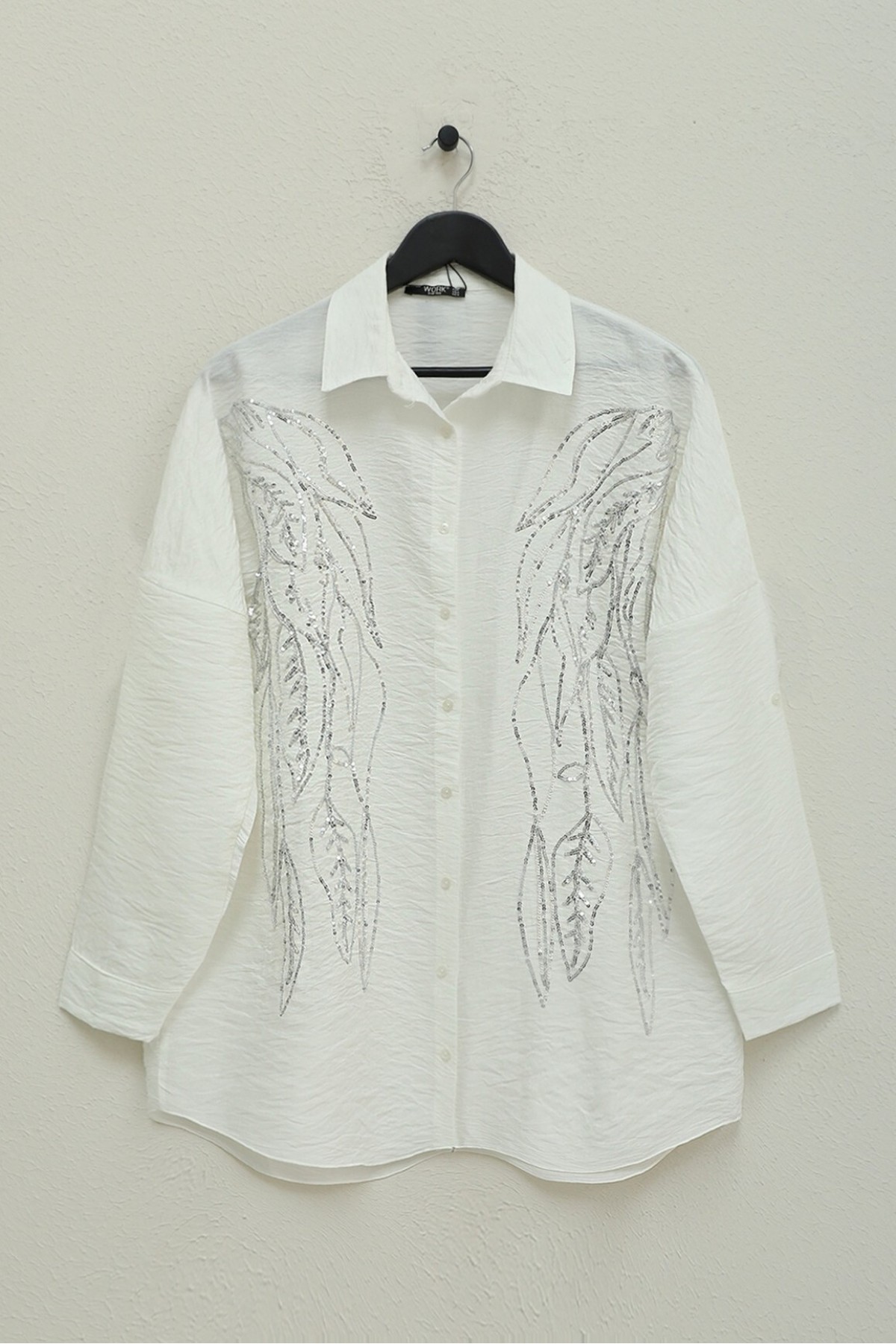 Yaprak Desen Pul Payet Gömlek -Beyaz