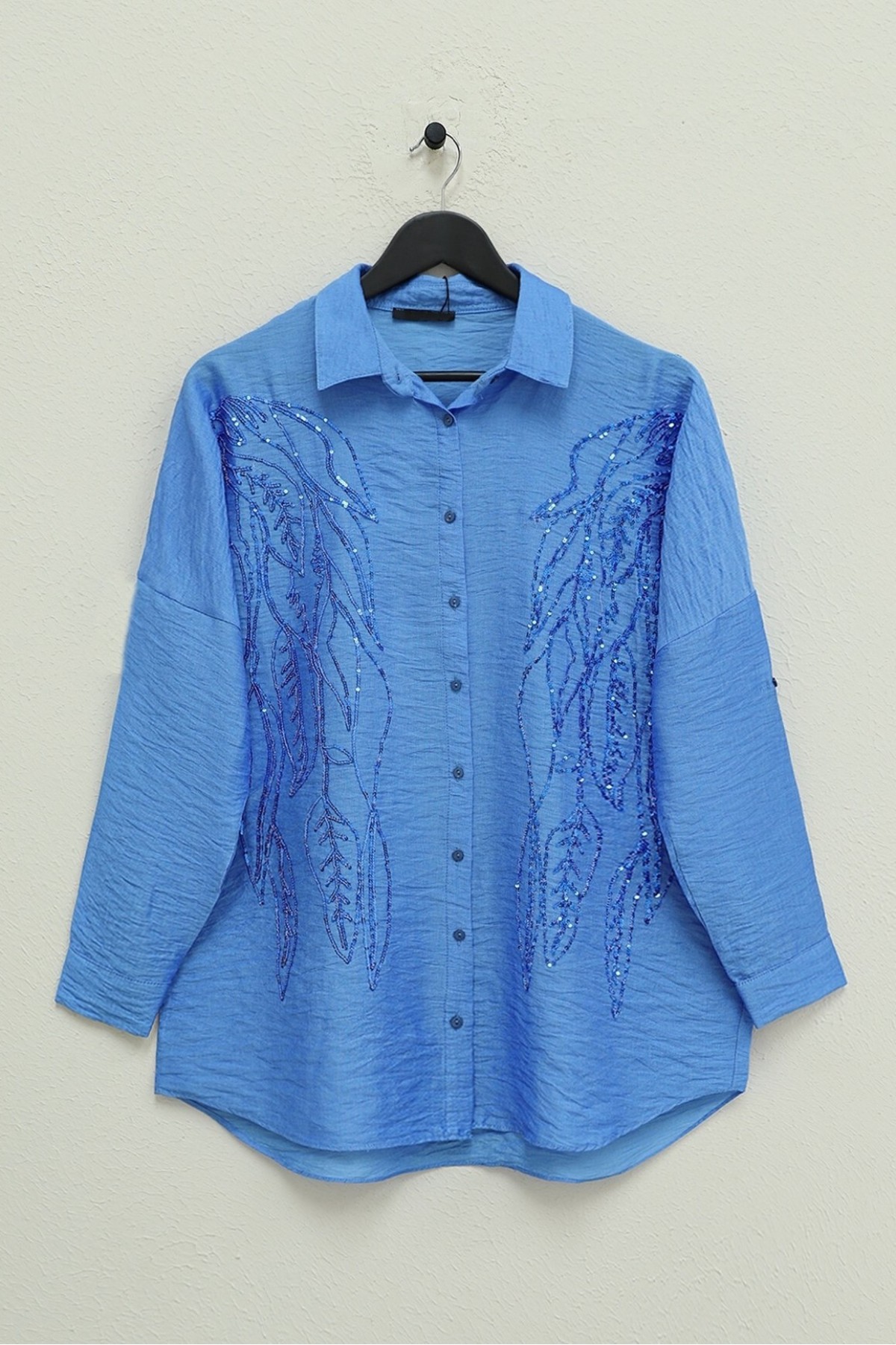 Yaprak Desen Pul Payet Gömlek -İndigo