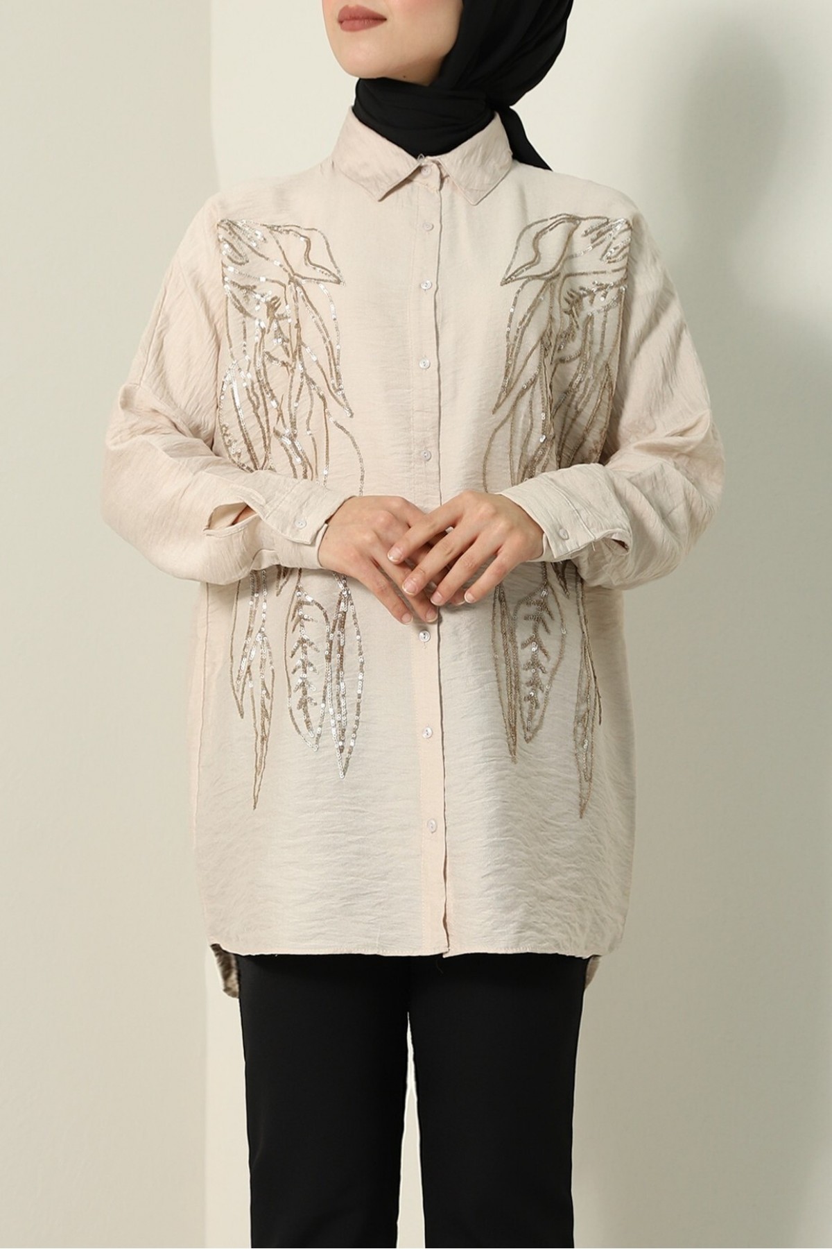 Yaprak Desen Pul Payet Gömlek -Vizon