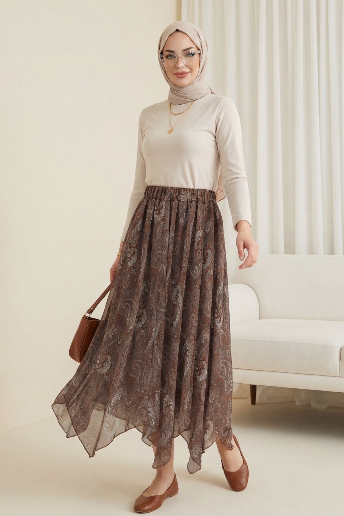 Etnik Desen Beli Lastikli Astarlı Ucu Asimetrik Kesim Şifon Etek -Kahve