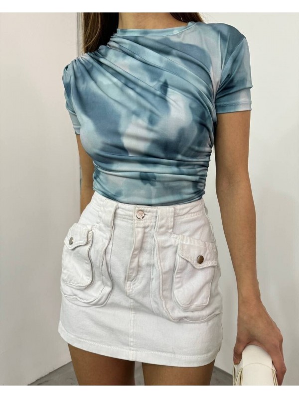 Bel Omuz Büzgülü Batik Baskı Sendy Bluz -Açık Mavi