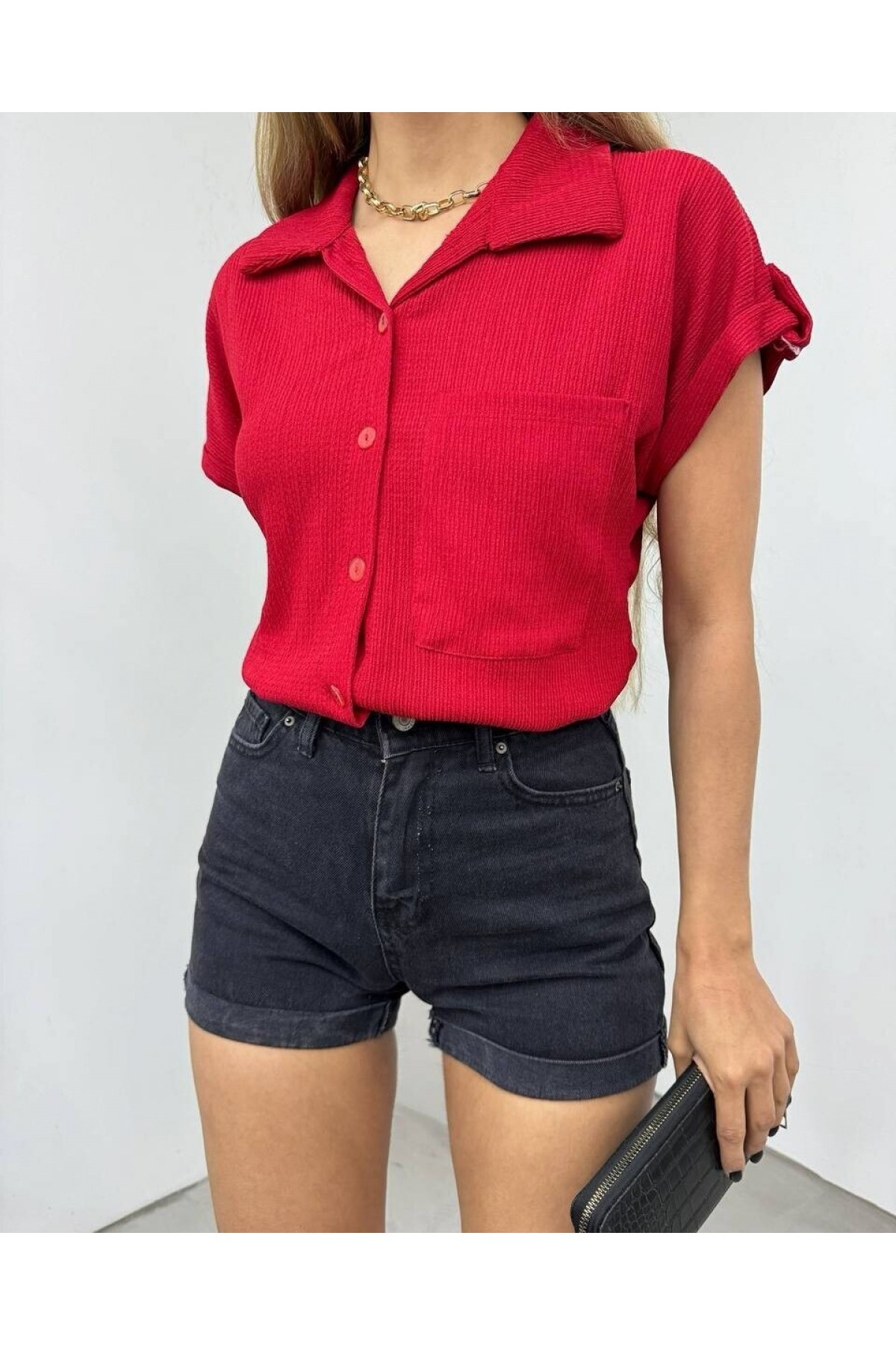 Duble Kol Tek Cepli Bürümcük Gömlek  -Bordo