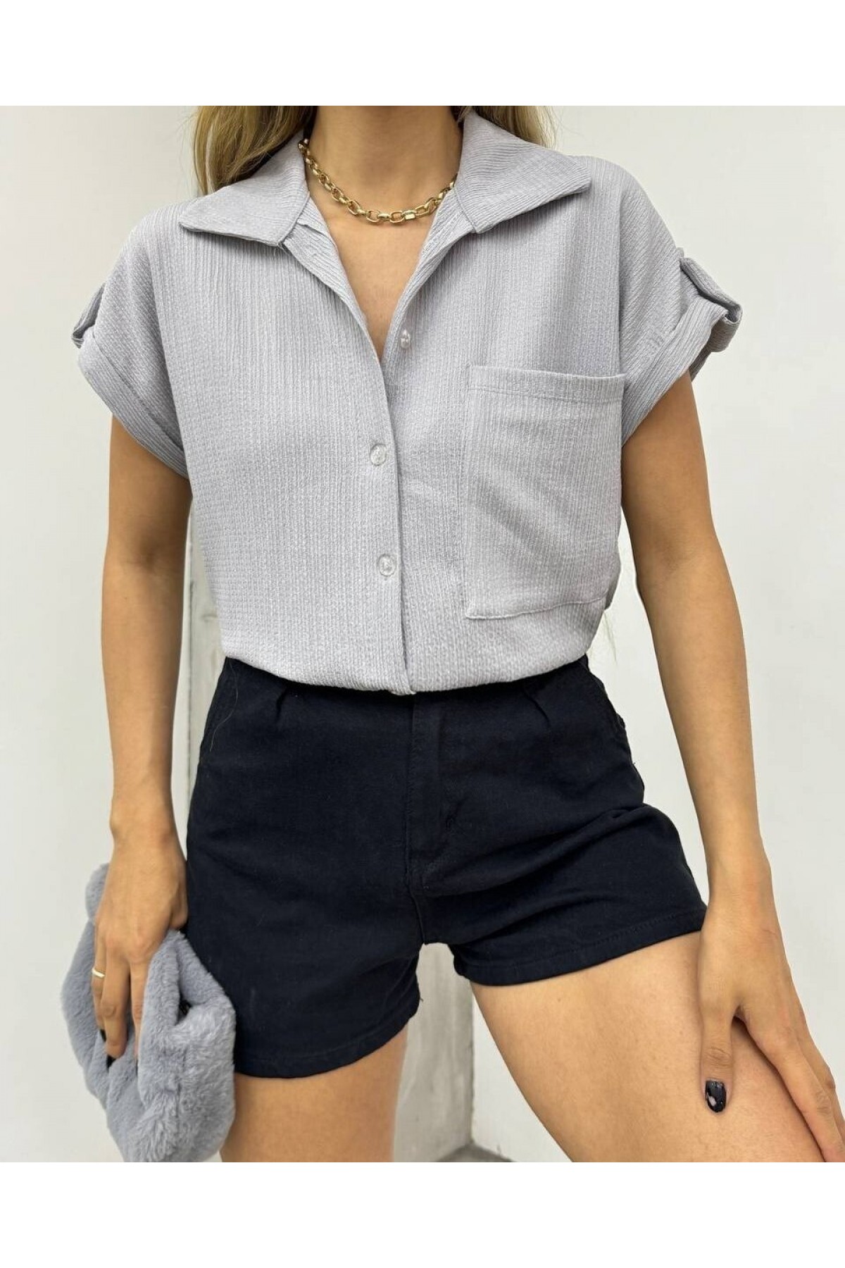 Duble Kol Tek Cepli Bürümcük Gömlek  -Gri