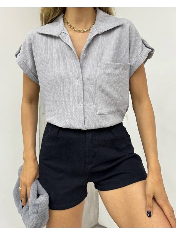 Duble Kol Tek Cepli Bürümcük Gömlek  -Gri