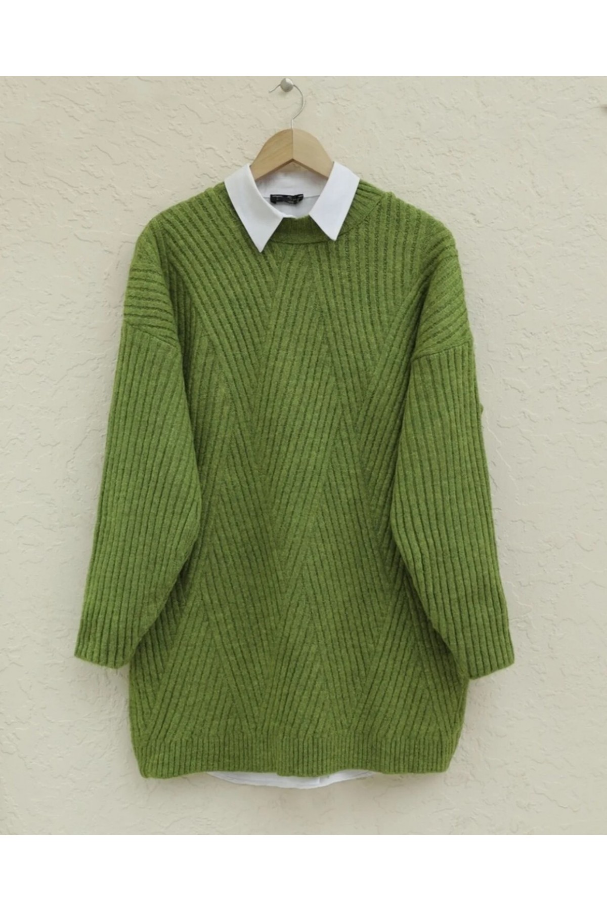 Bisiklet Yaka Baklava Desen Triko Kazak         -F.Yeşili