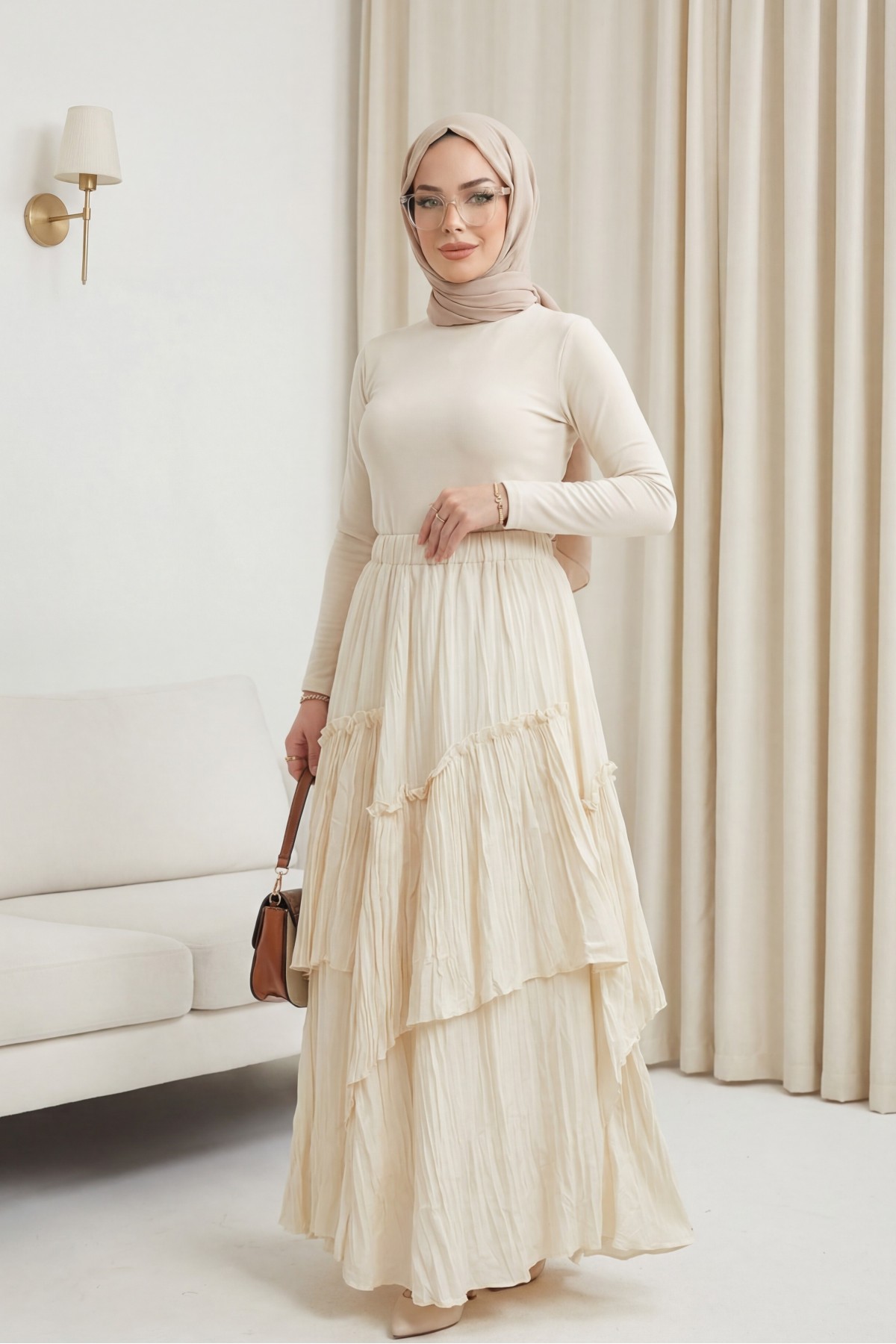 Beli Lastikli Keten Vual Katlı Etek -Ekru