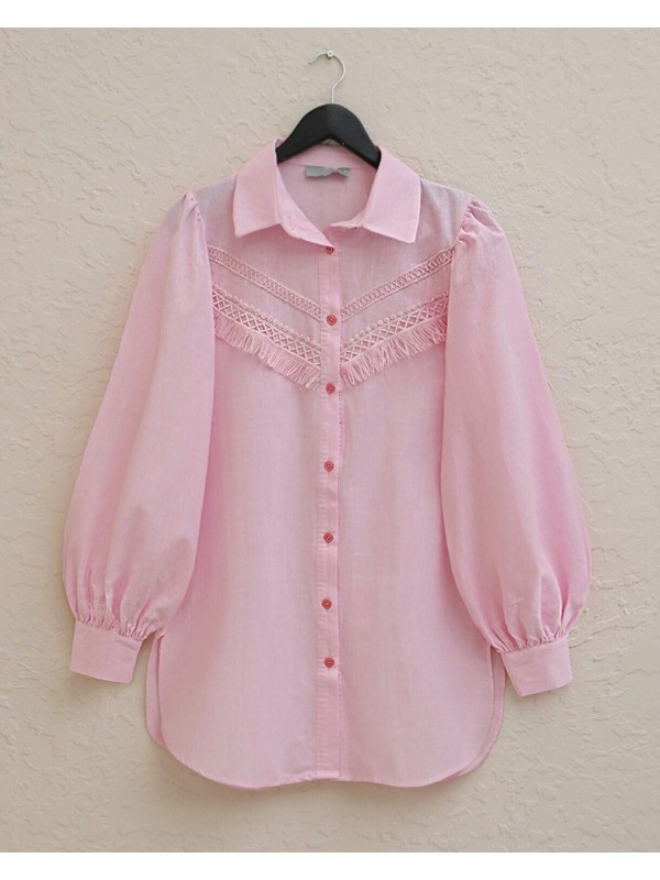 Güpür Püsküllü Ham Keten Balon Kol Gömlek  -Pudra