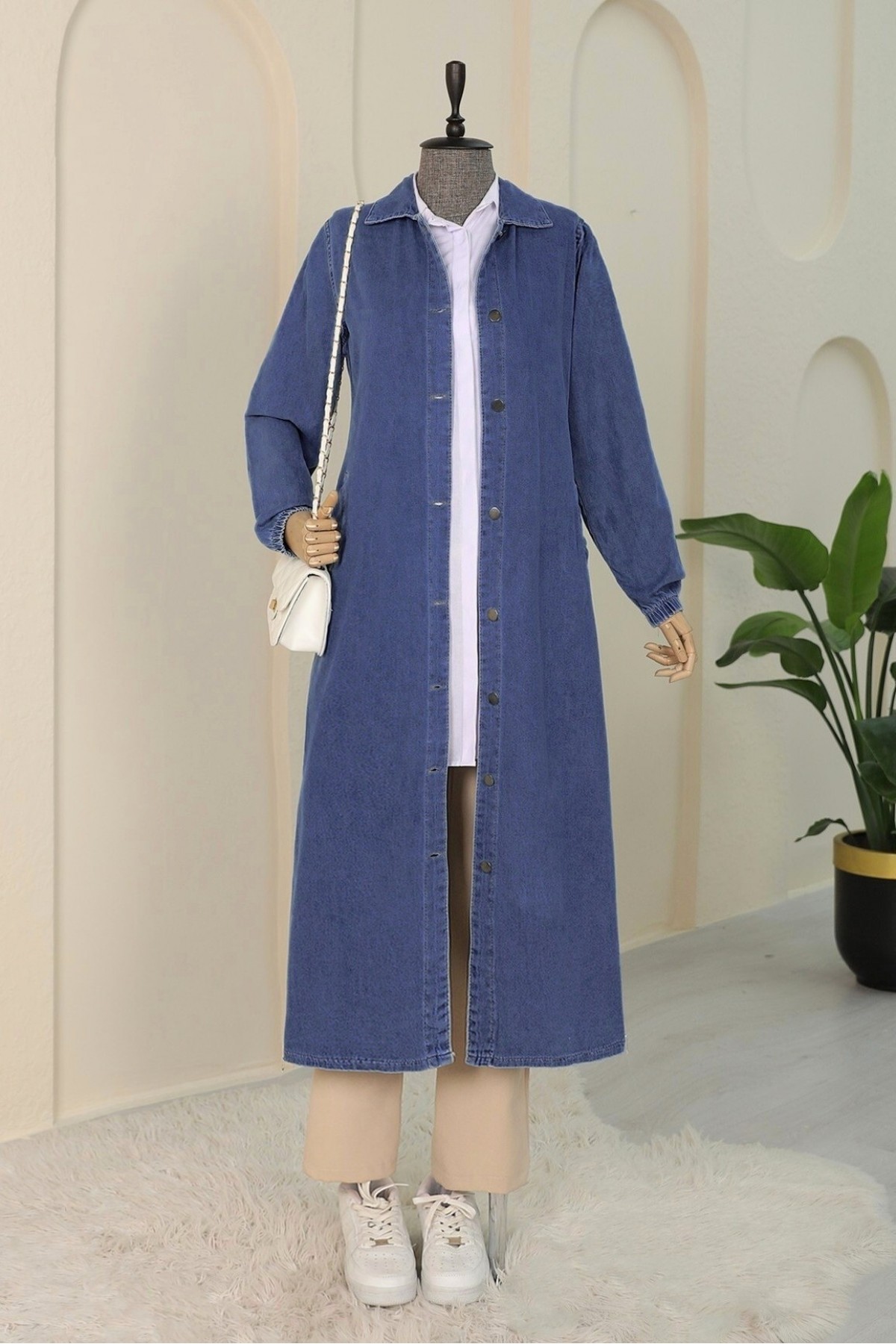 Kolu Lastikli Boydan Düğmeli Kot Kap    -Saks