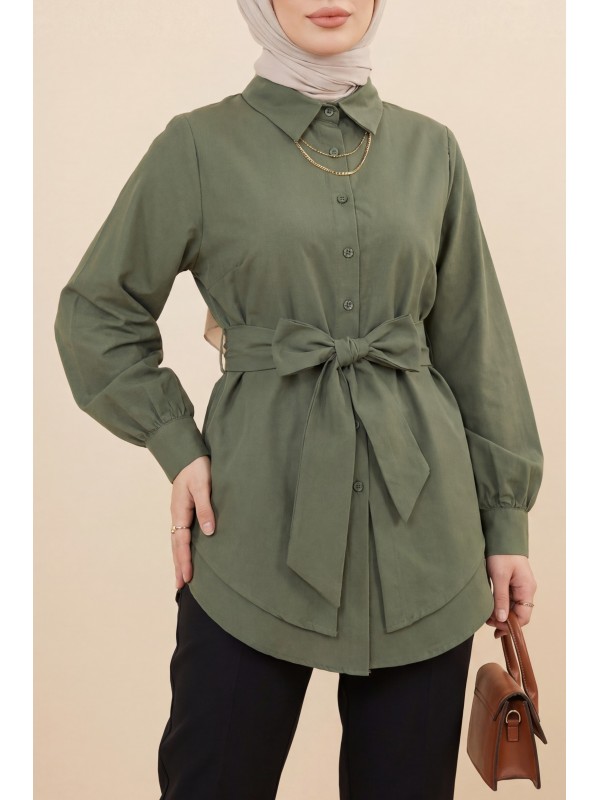 Kendinden Kuşaklı Poplin Tunik -Haki