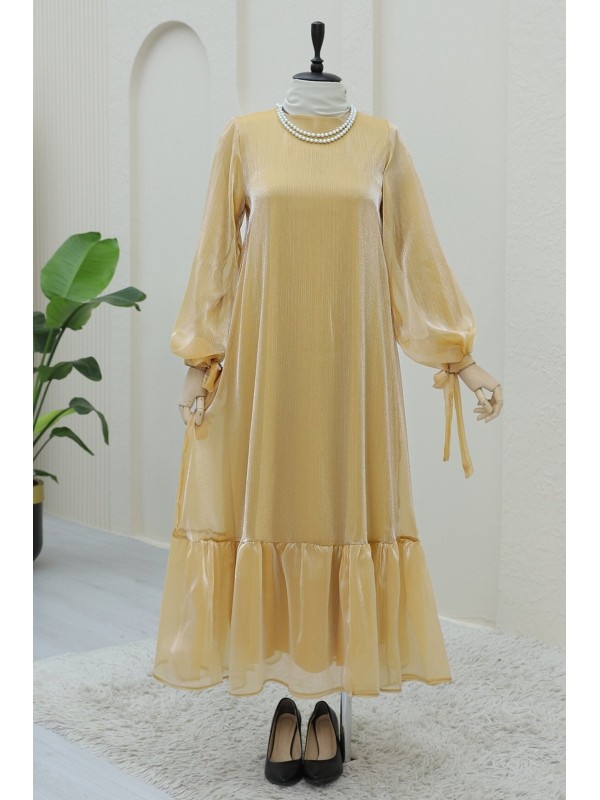 Kolu Bağcıklı Eteği Parçalı Janjan Elbise -Somon