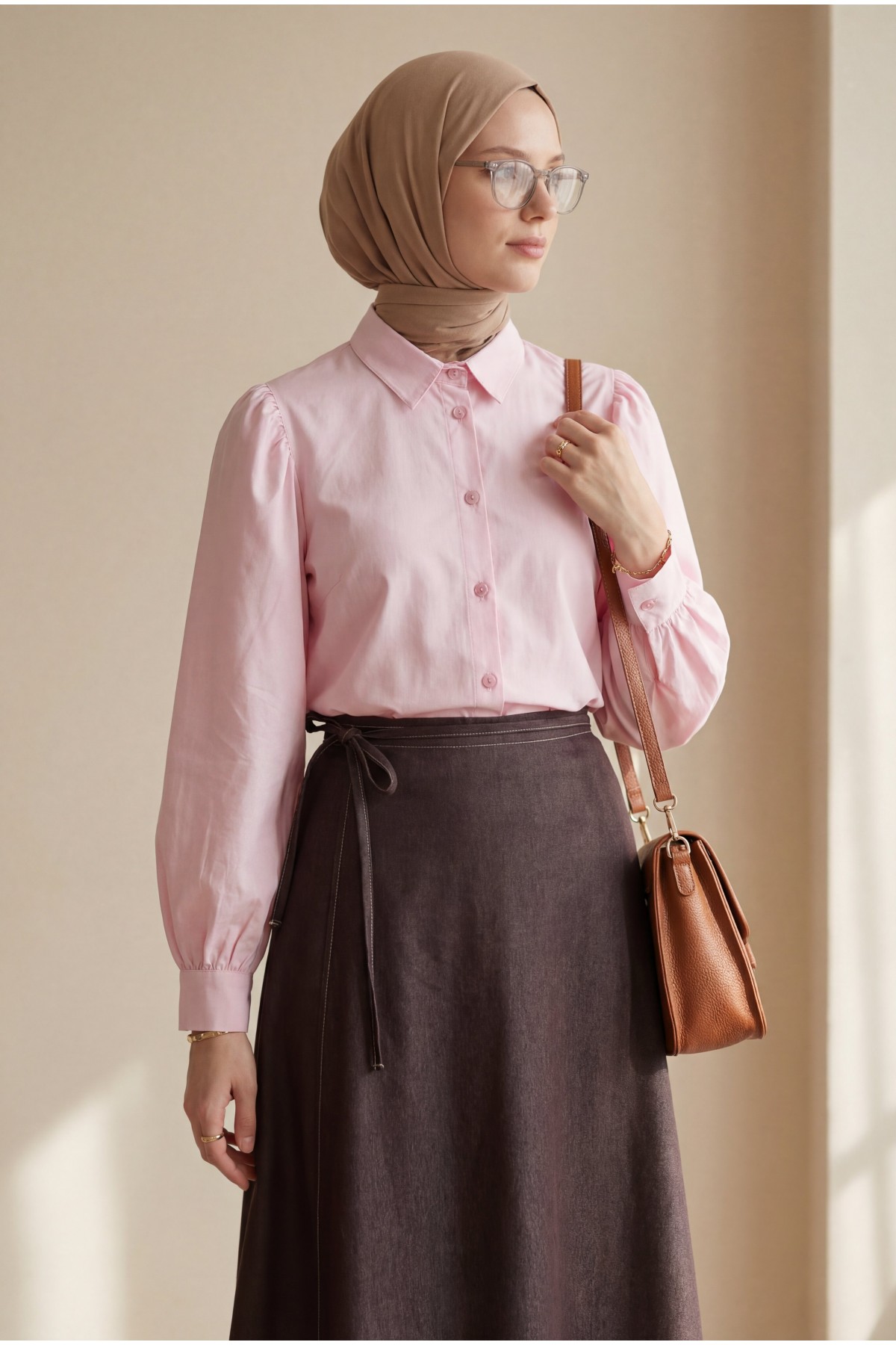 Önü Çift Kat Yan Bağcıklı Fermuarlı Kot Etek -Kahve