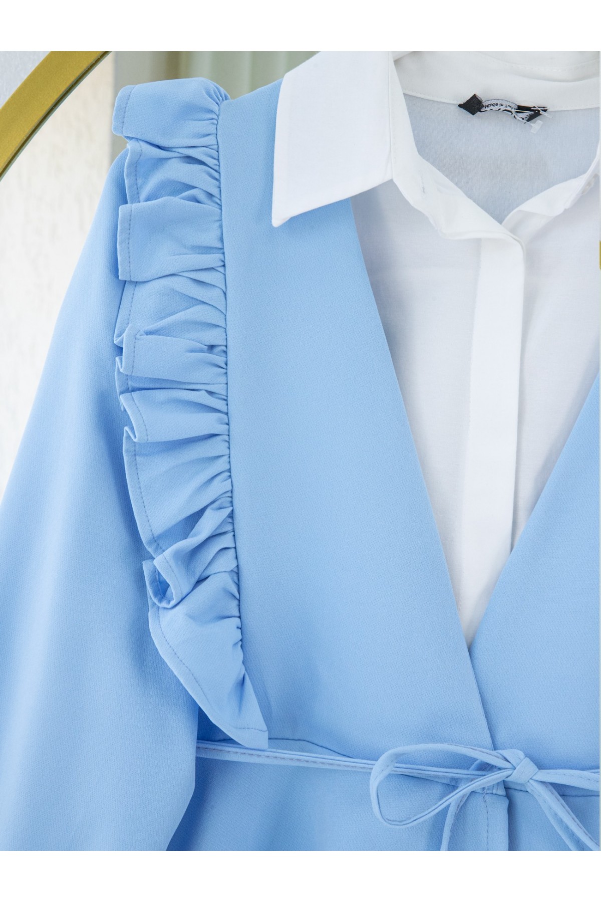 Önü Fırfırlı Bağcıklı Eteği Katlı Pantolonlu Kimono Takım    -Bebe Mavi