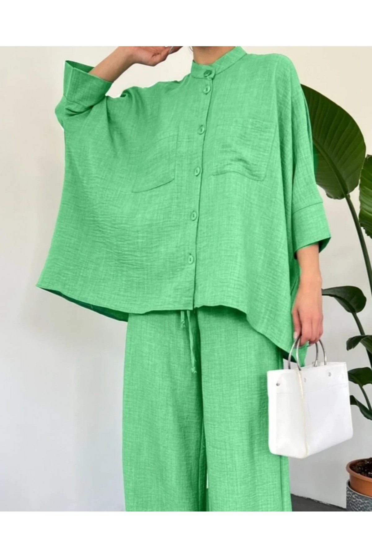 Çift Cepli Yarım Yarasa Kol Salaş Gömlek Takım    -A.Yeşil