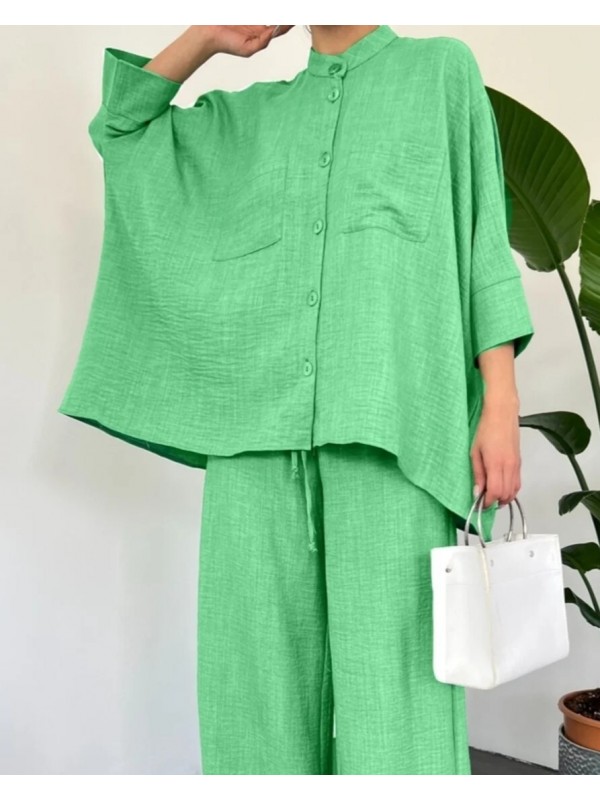 Çift Cepli Yarım Yarasa Kol Salaş Gömlek Takım    -A.Yeşil