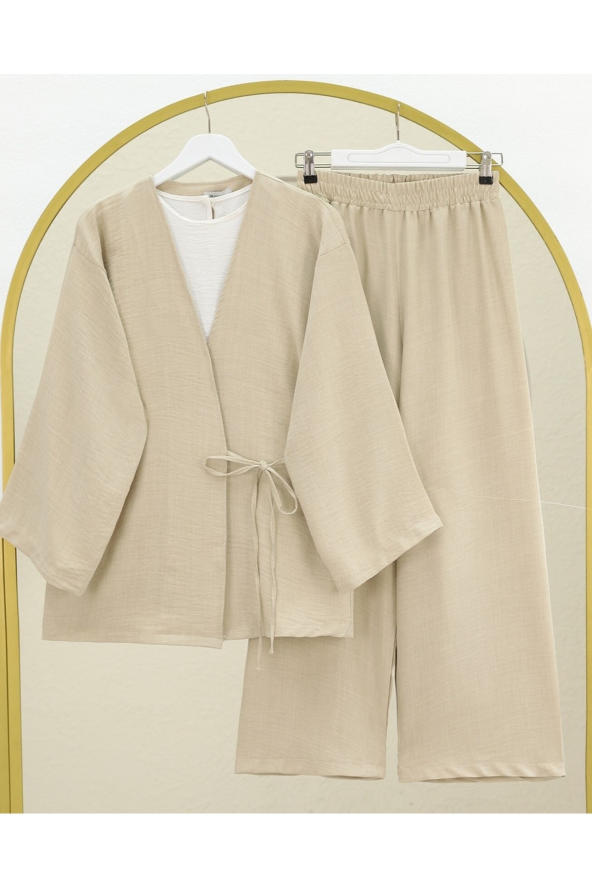 Önden Bağlamalı Pantolonlu Kimono Takım -Bej