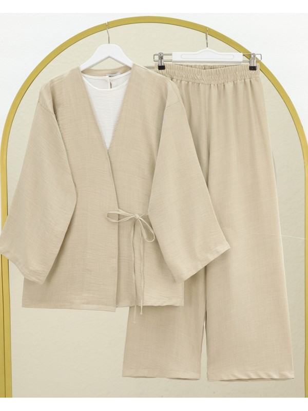 Önden Bağlamalı Pantolonlu Kimono Takım -Bej