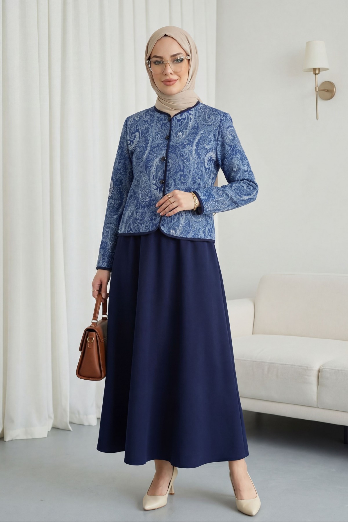 Top Düğme Etnik Desen Etekli Krep Takım -Laci