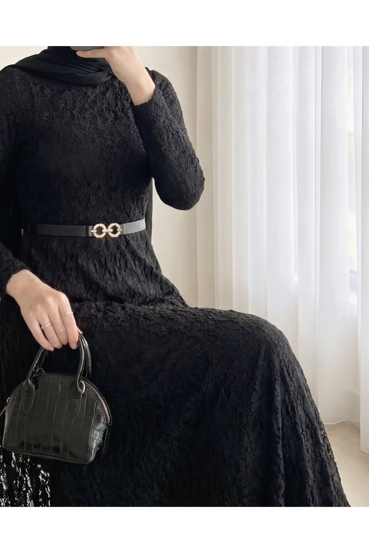 Kemerli Astarlı Güpür Dantel Elbise -Siyah