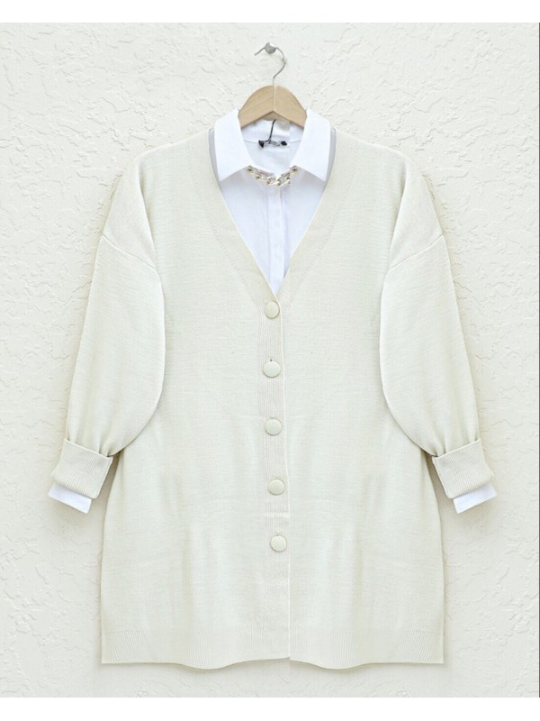 Düğmeli Kışlık Tesettür Triko Hırka    -Krem