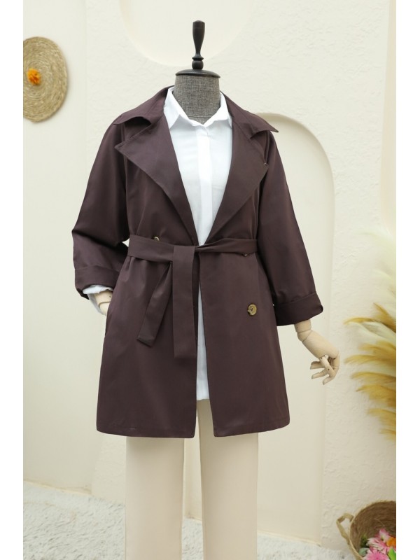 Bolero Detaylı Düğmeli Ara Boy Trençkot -Mürdüm