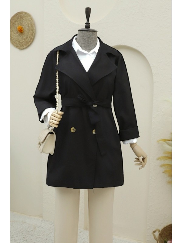 Bolero Detaylı Düğmeli Ara Boy Trençkot -Siyah