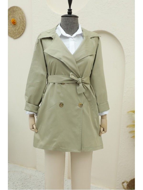 Bolero Detaylı Düğmeli Ara Boy Trençkot -Taş