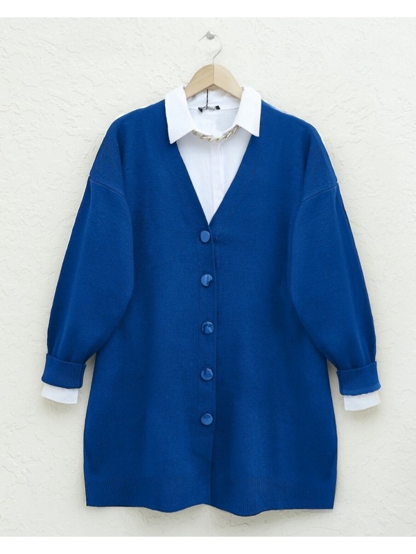 Düğmeli Kışlık Tesettür Triko Hırka     -Saks