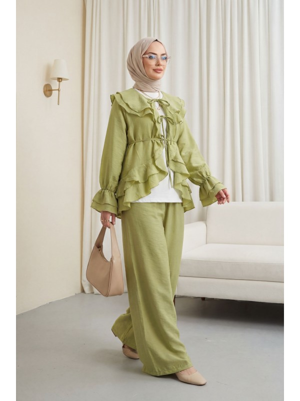 Önü Bağcıklı Kat Yakalı Kolu Lastikli Pantolonu Astarlı Cupra Takım  -Yağ Yeşili